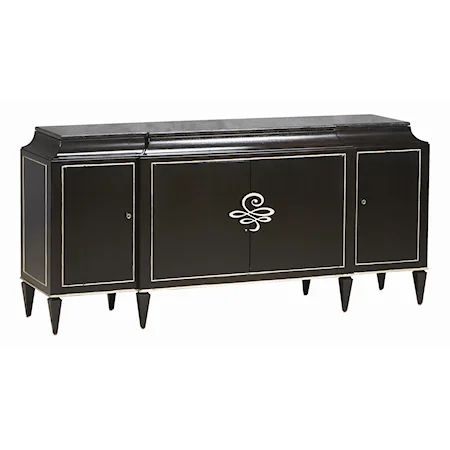 "Rive Gauche" 4-Door Shaped Sideboard with Marble Top, Custom Curlicue Hardware, Wine Bottle Storage and Hidden Drawer